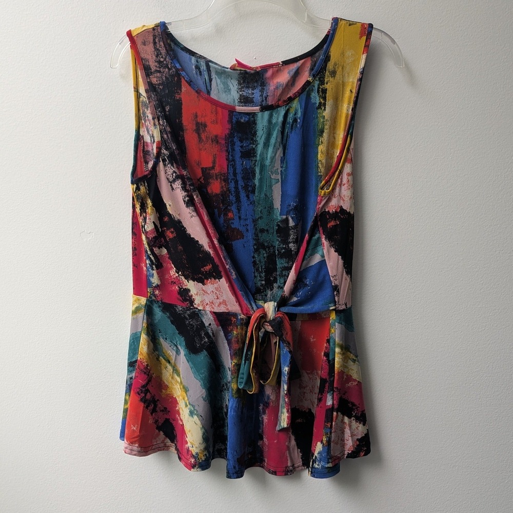 Sunny Leigh Peplum Top Multicolor Abstract Brushstroke Tie Waist Sz M Deadstock